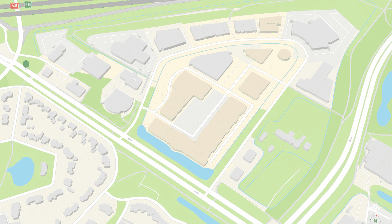 Plattegrond met 3D-weergave van het winkelcentrum en parkeerterrein