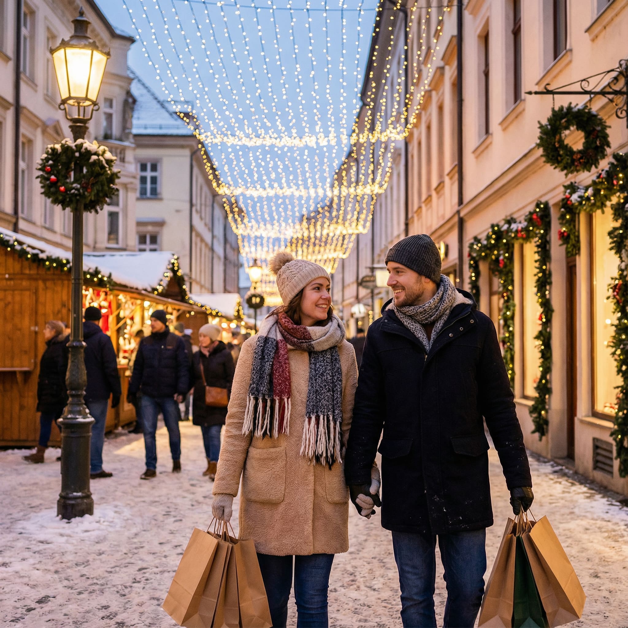 Stel loopt hand in hand door verlichte kerstmarkt met tassen