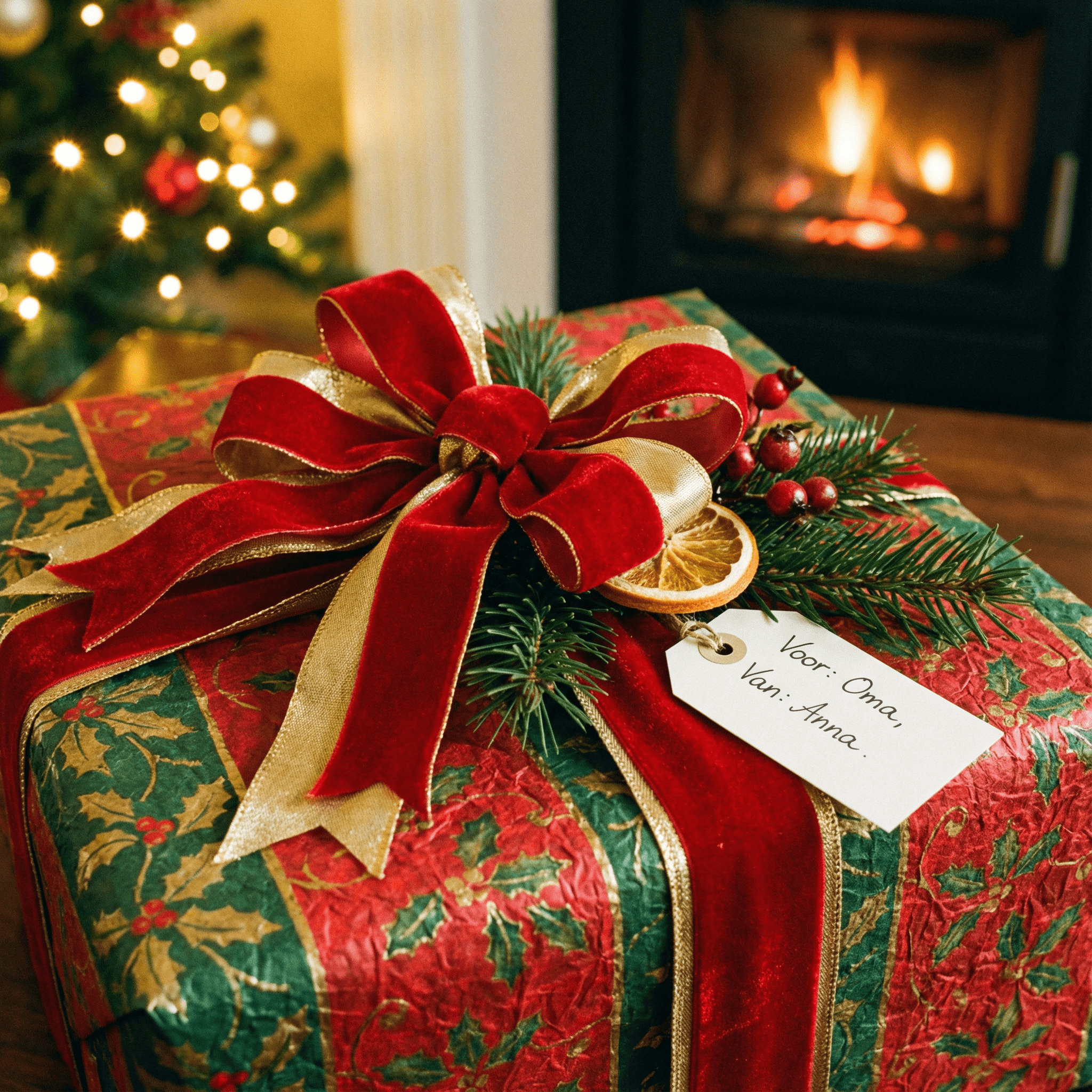 Ingepakt kerstcadeau met rode strik bij de kerstboom