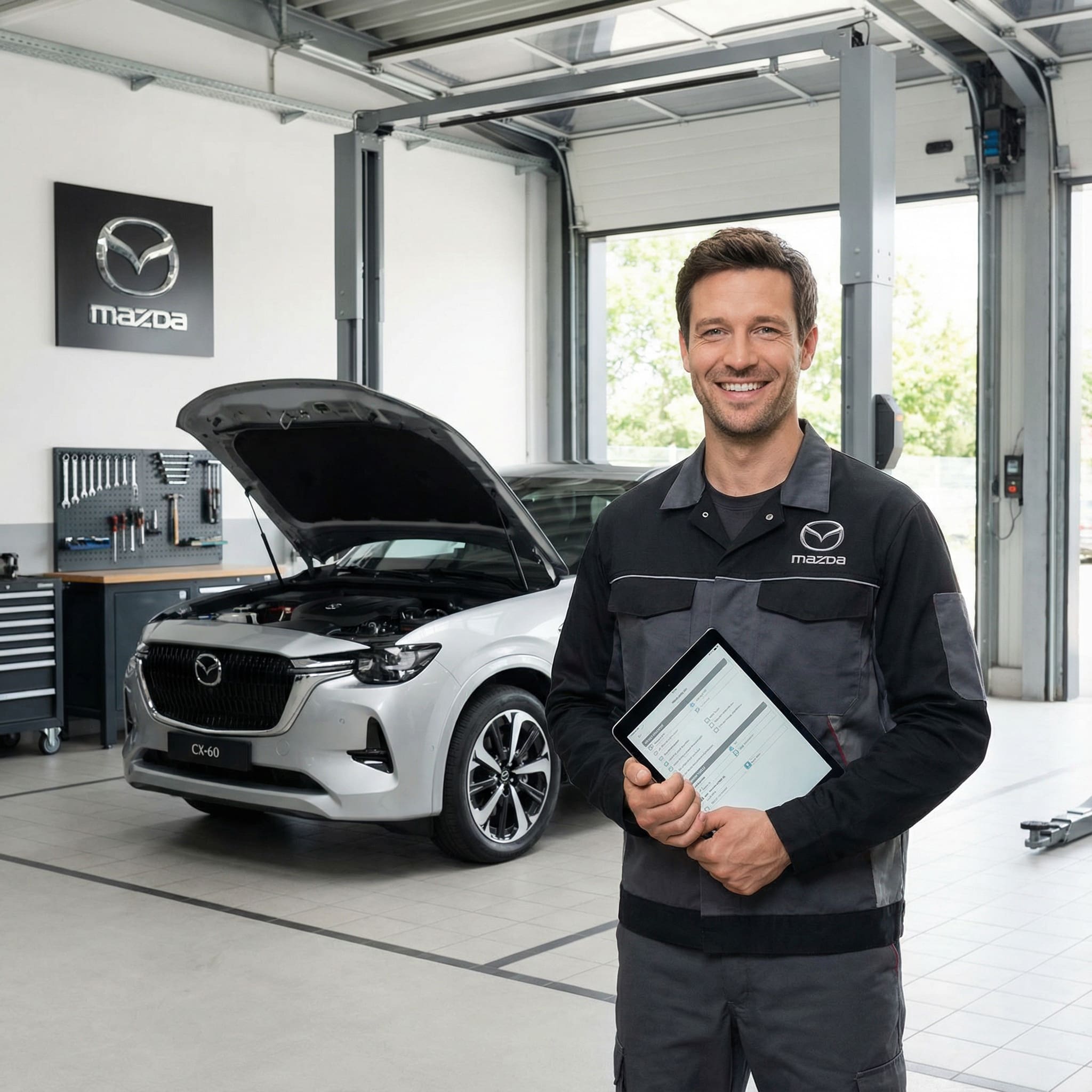 Mazda-monteur met tablet voor auto met open motorkap