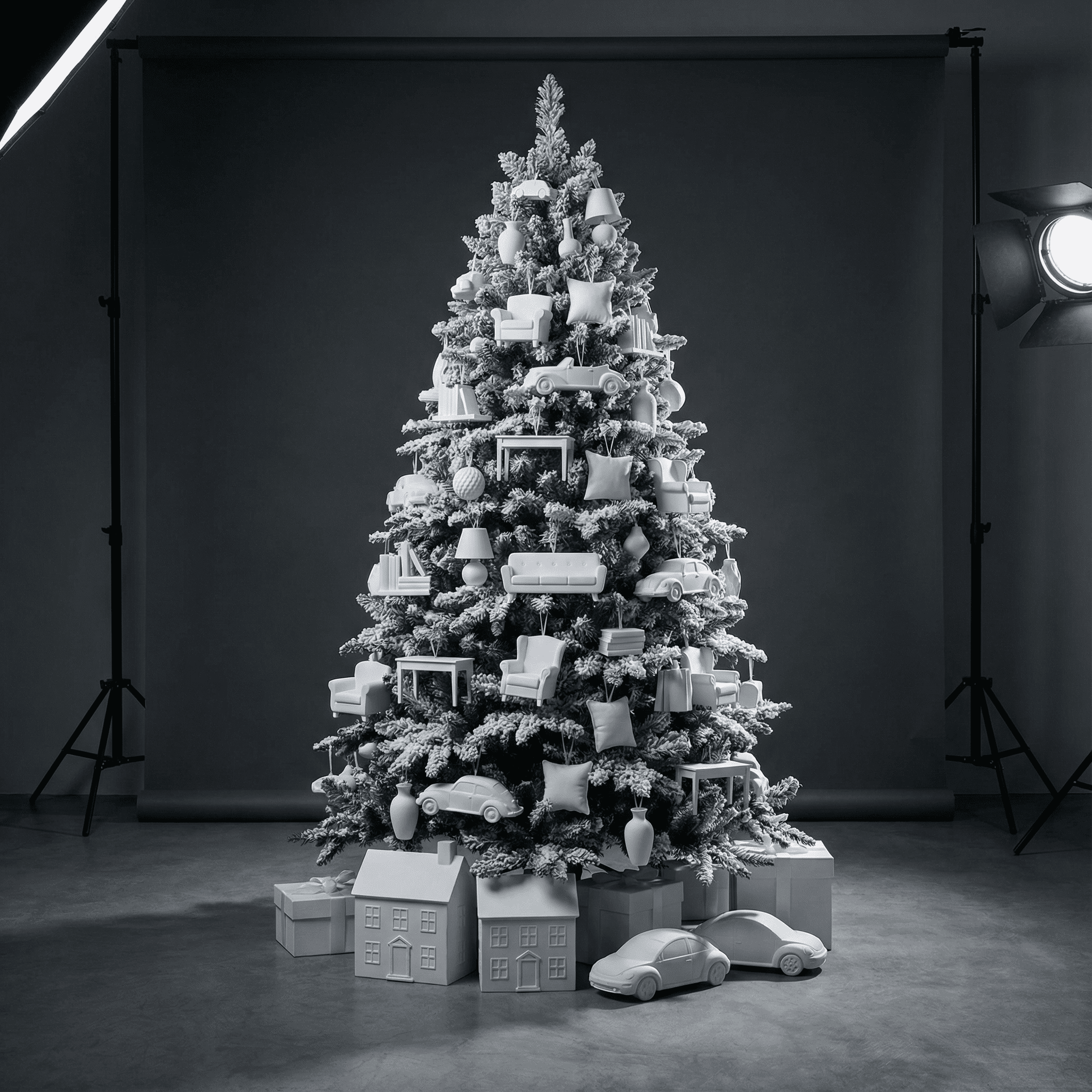 Kerstboom versierd met miniatuur meubelornamenten