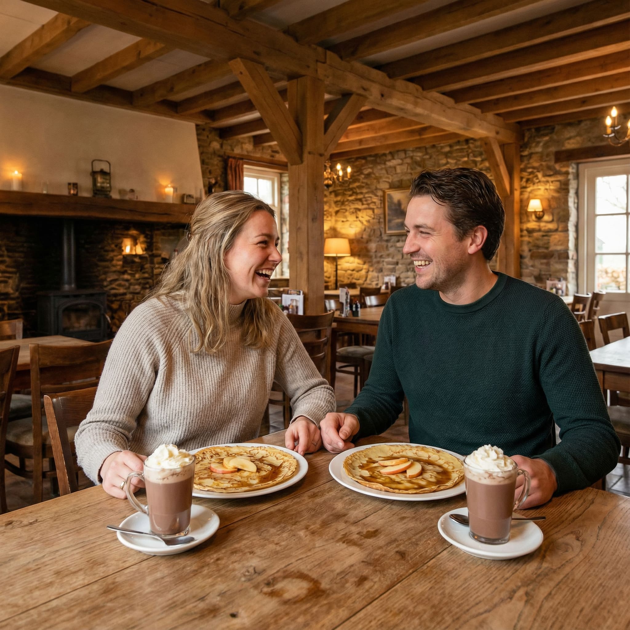 Stel geniet van pannenkoeken met warme chocolademelk in restaurant