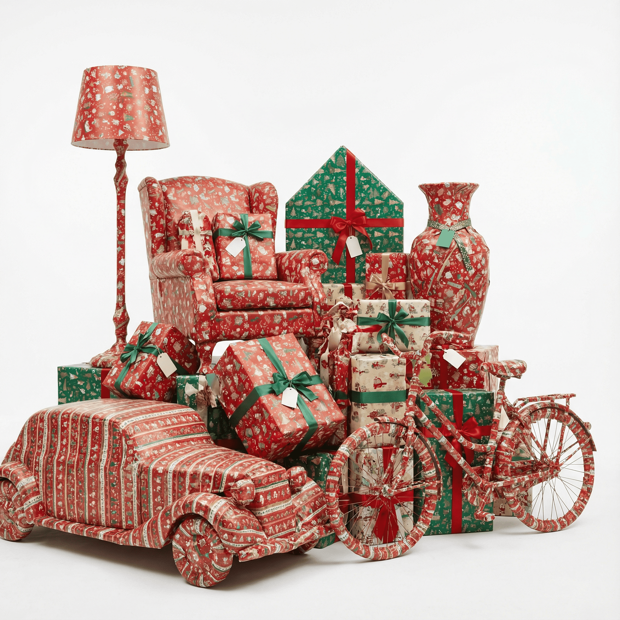 Kerstcadeaus ingepakt in de vorm van meubelstukken
