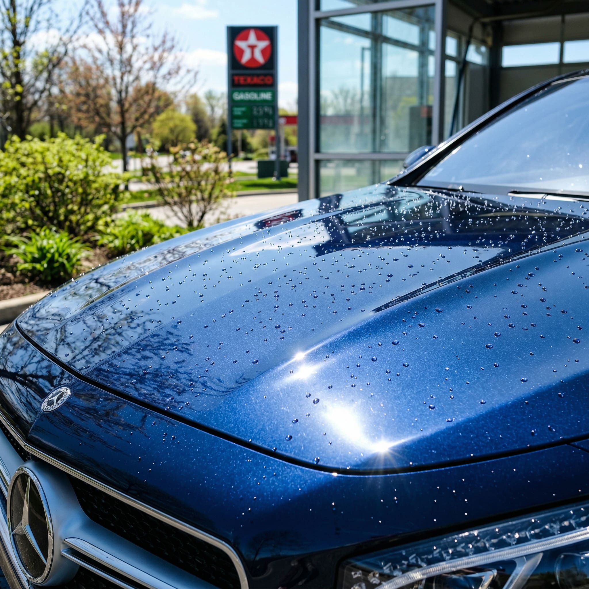 Close-up van glanzende blauwe motorkap met regendruppels