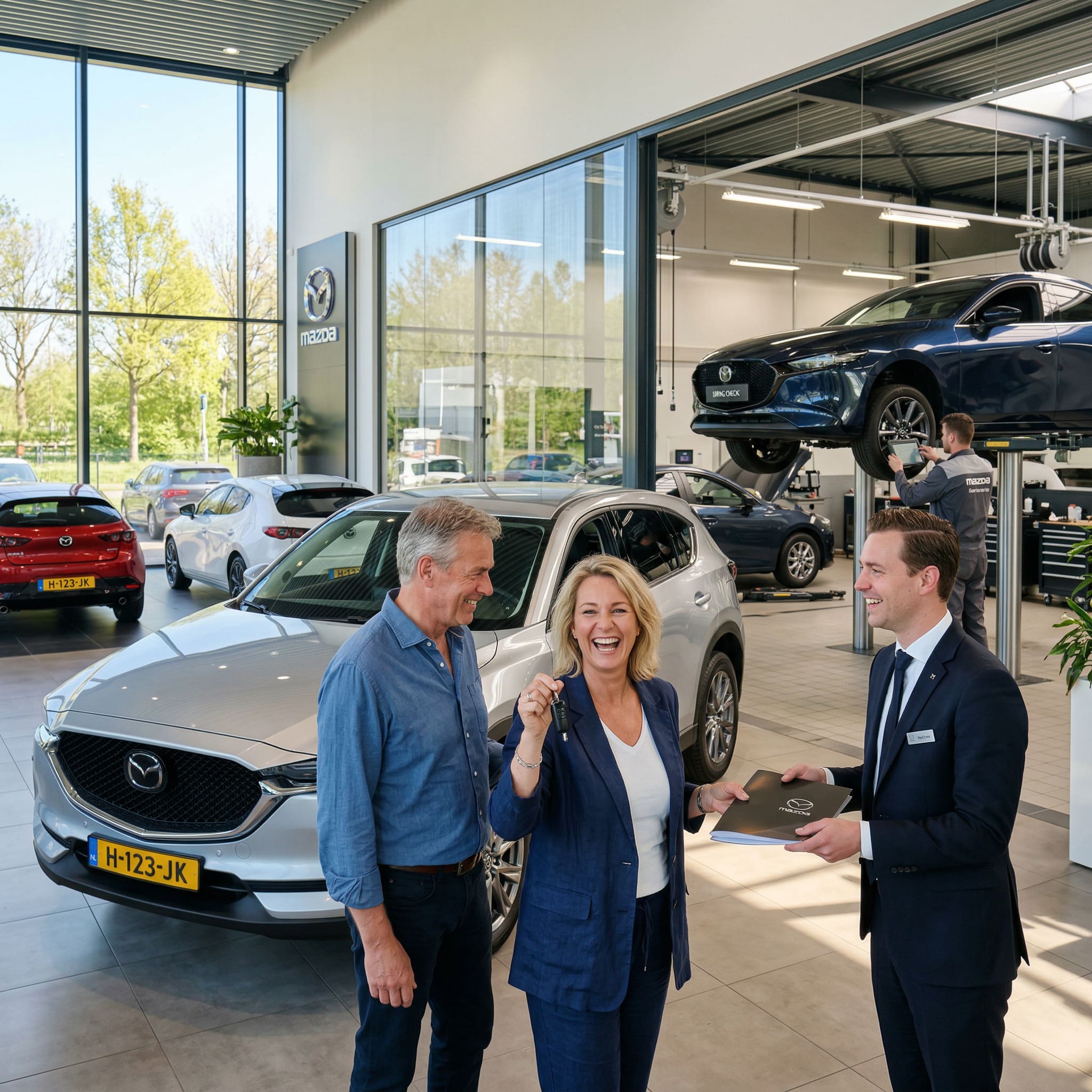 Stel krijgt autosleutel overhandigd bij dealer in showroom