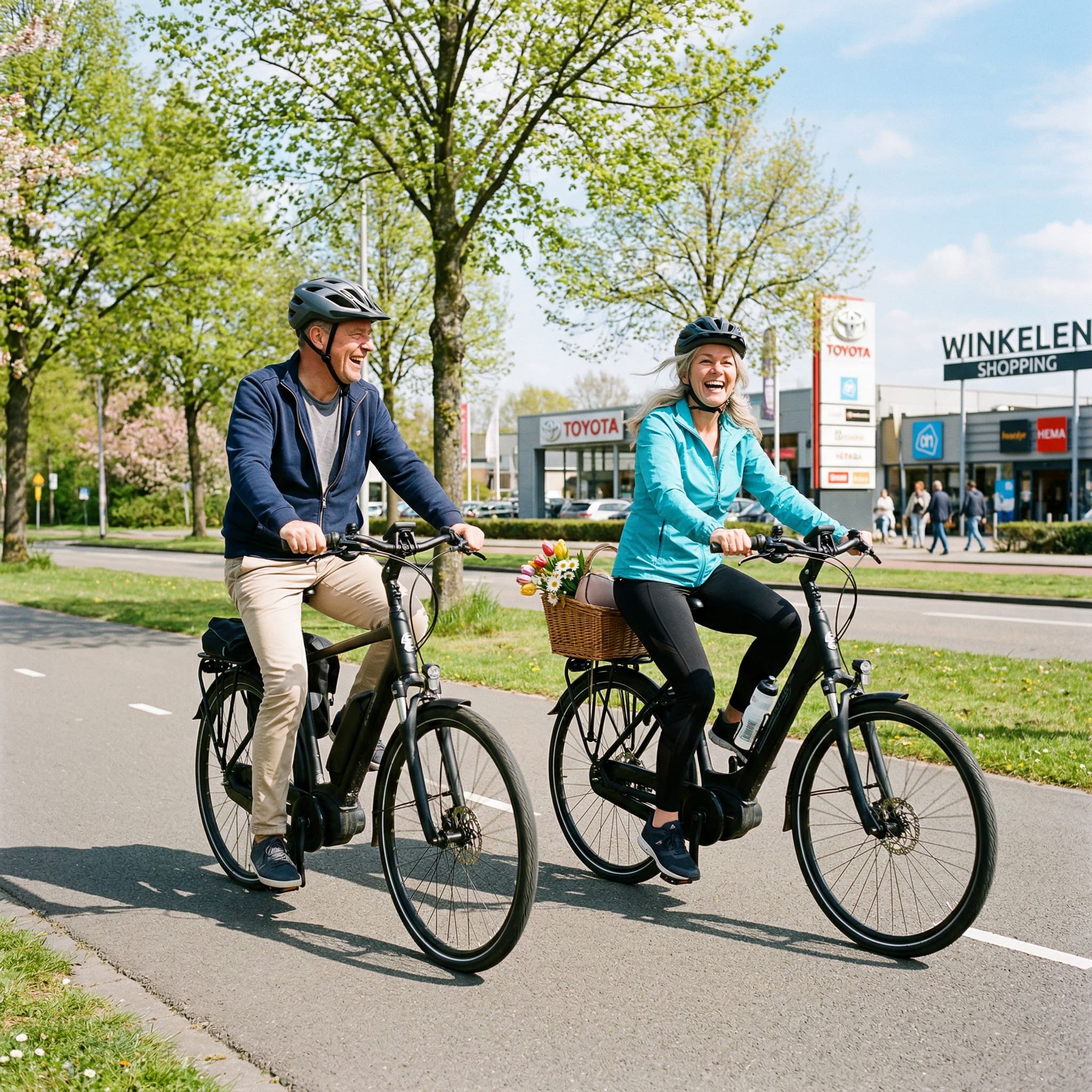 Ouder echtpaar fietst samen met bloemen in de mand