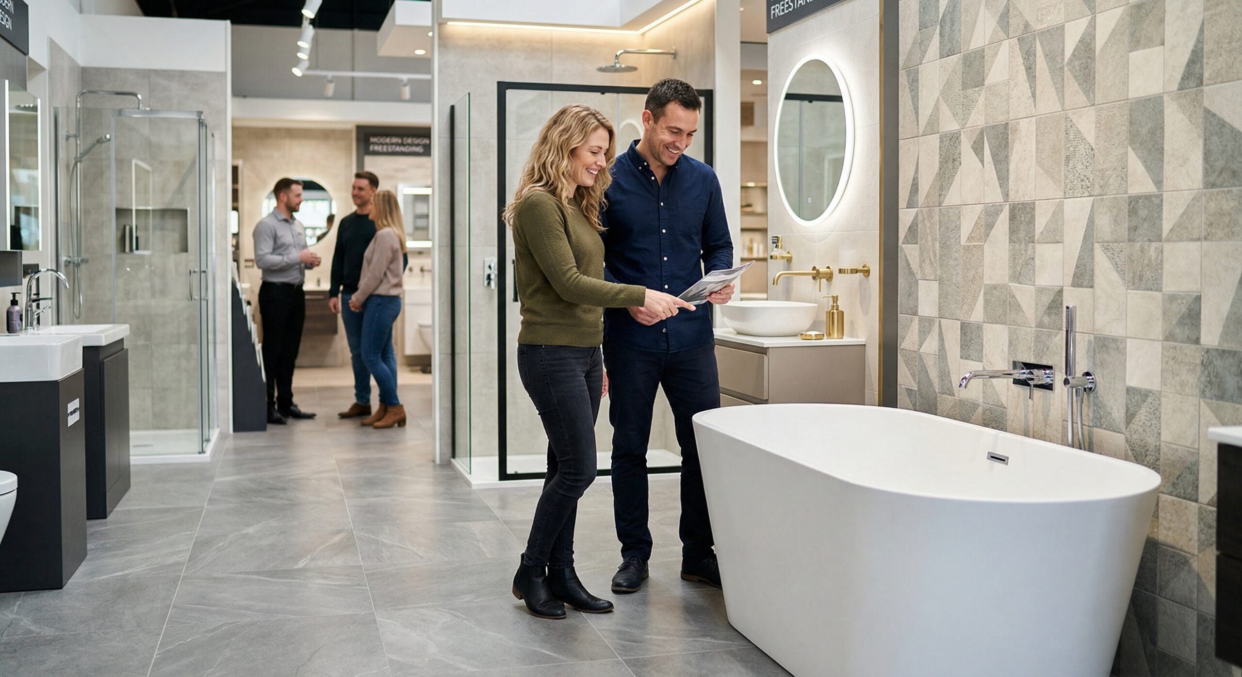 Stel bekijkt vrijstaand bad en badkamerinrichting in showroom