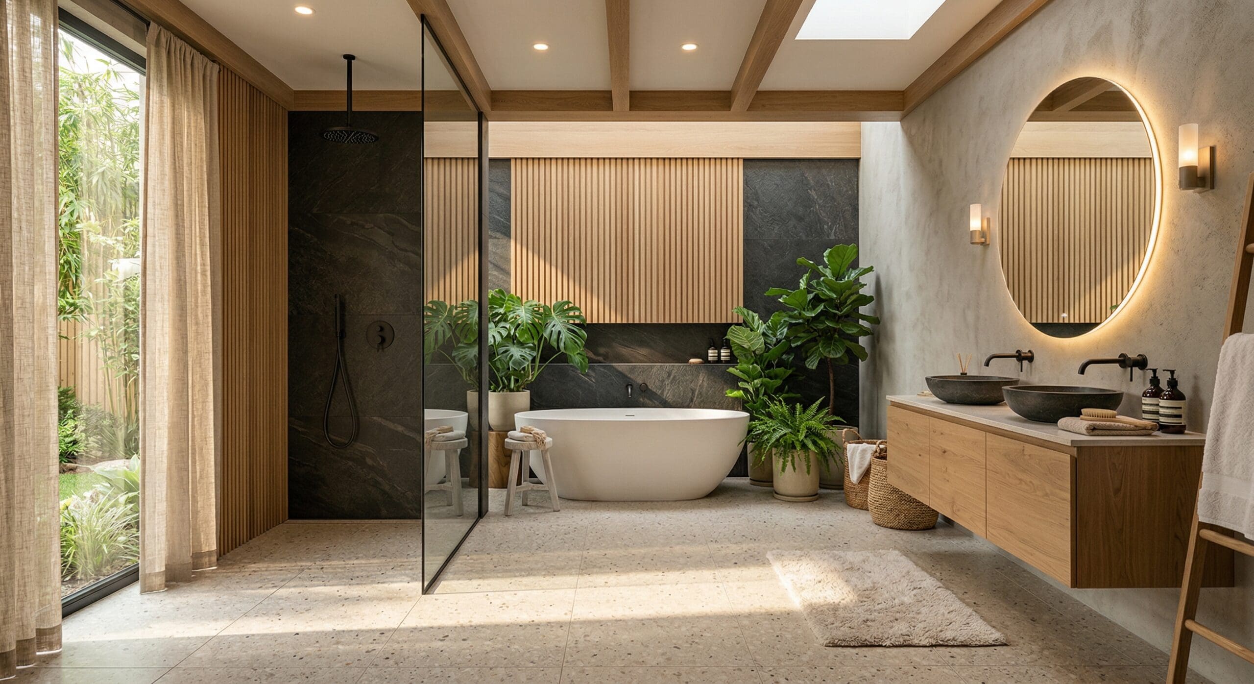 Japandi-badkamer met vrijstaand bad, planten en dubbele wastafel