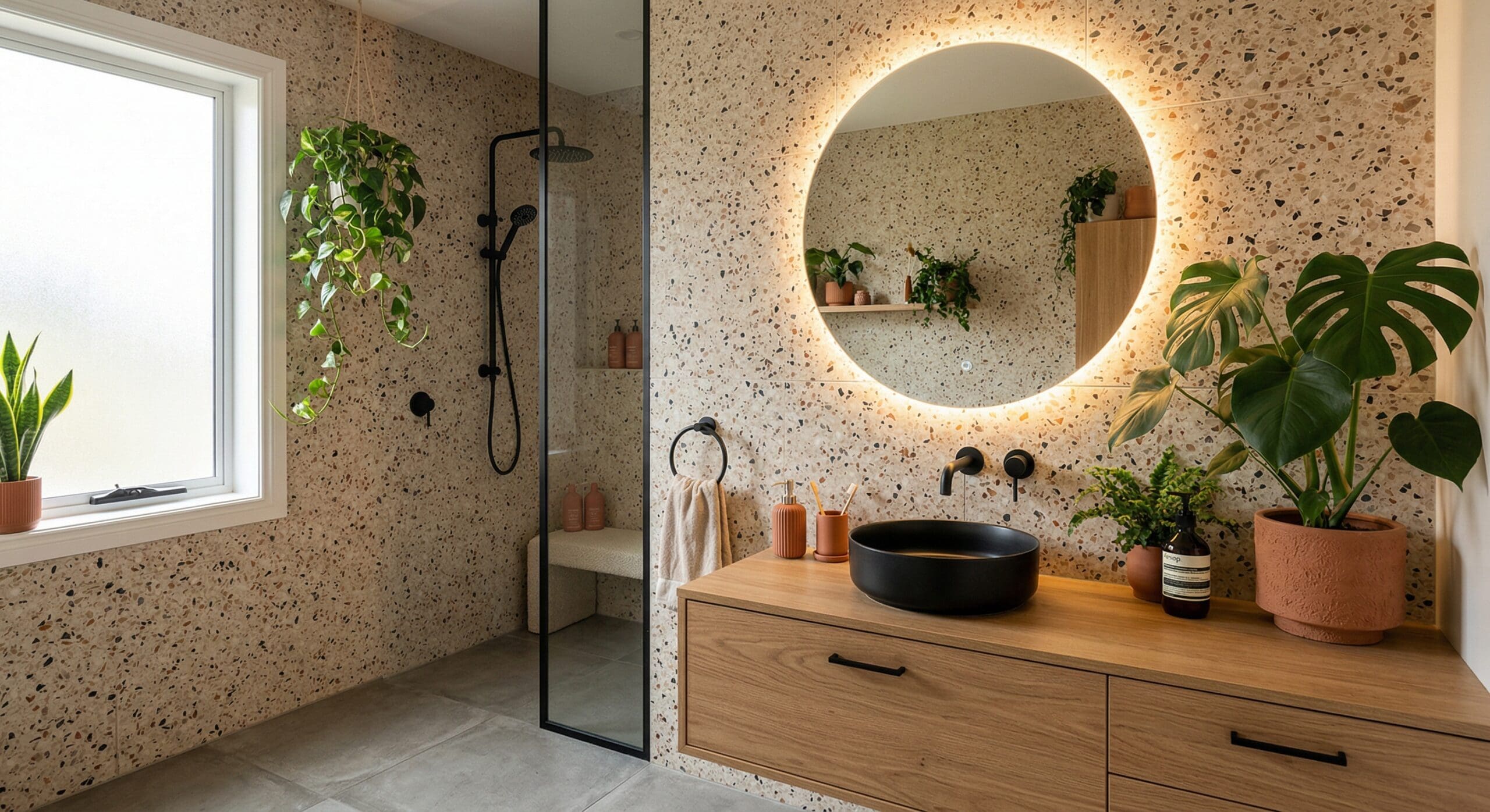 Badkamer met terrazzo-tegels, ronde spiegel en zwarte waskom