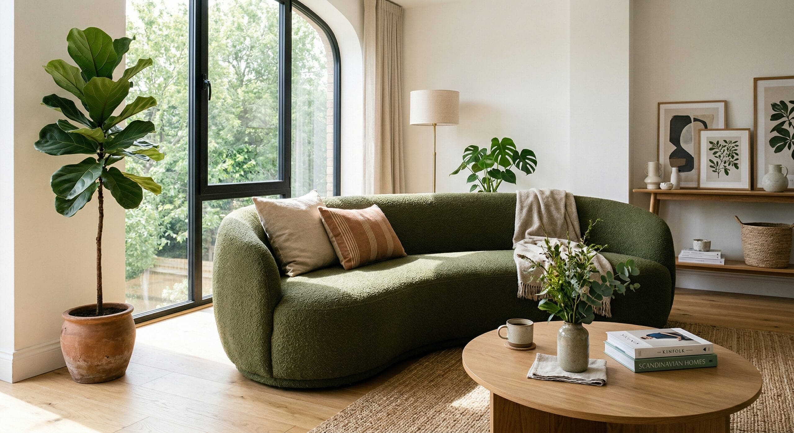 Ronde groene bank in lichte woonkamer met planten