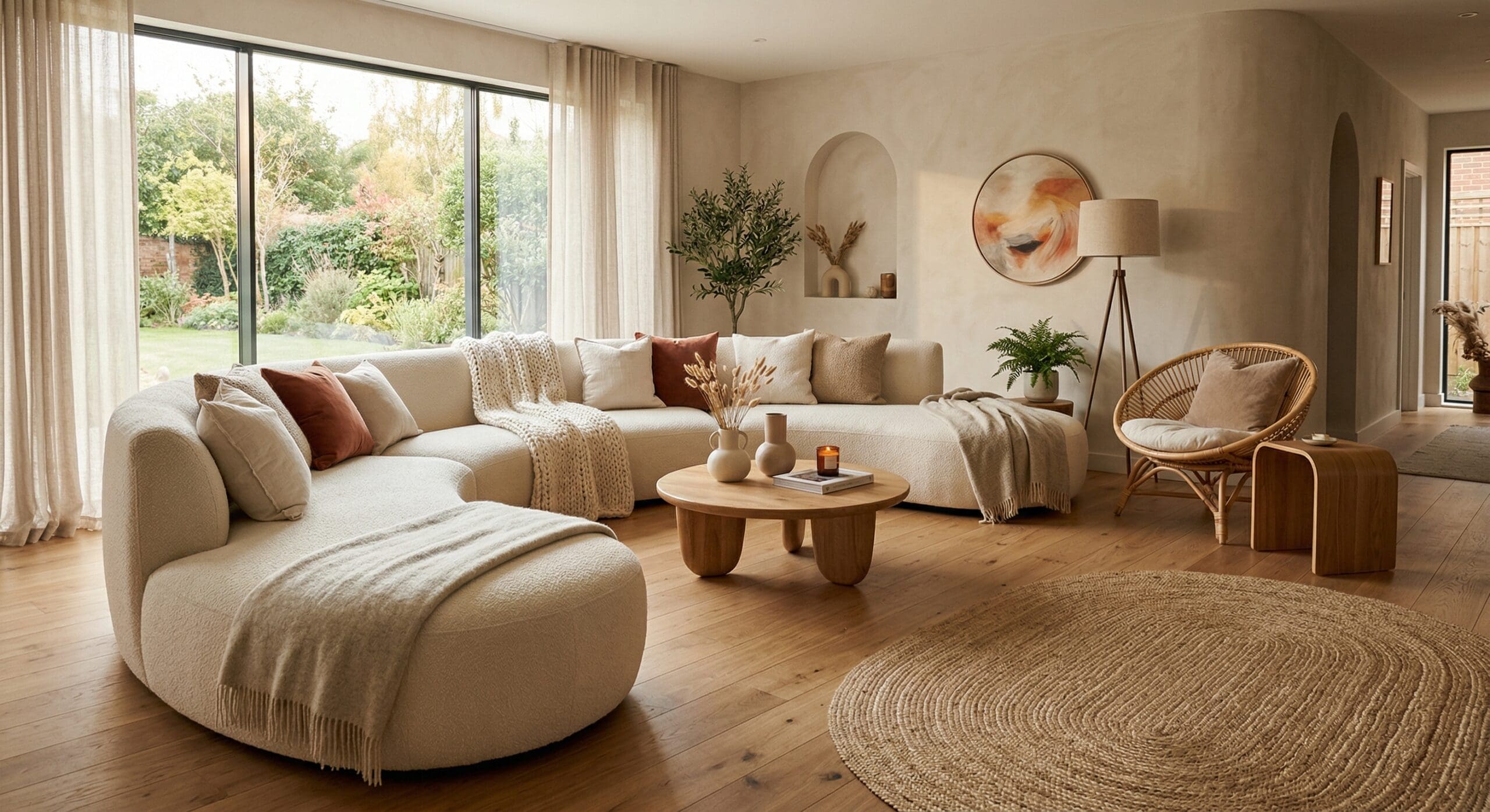 Crèmekleurige modulaire ronde bank in lichte woonkamer