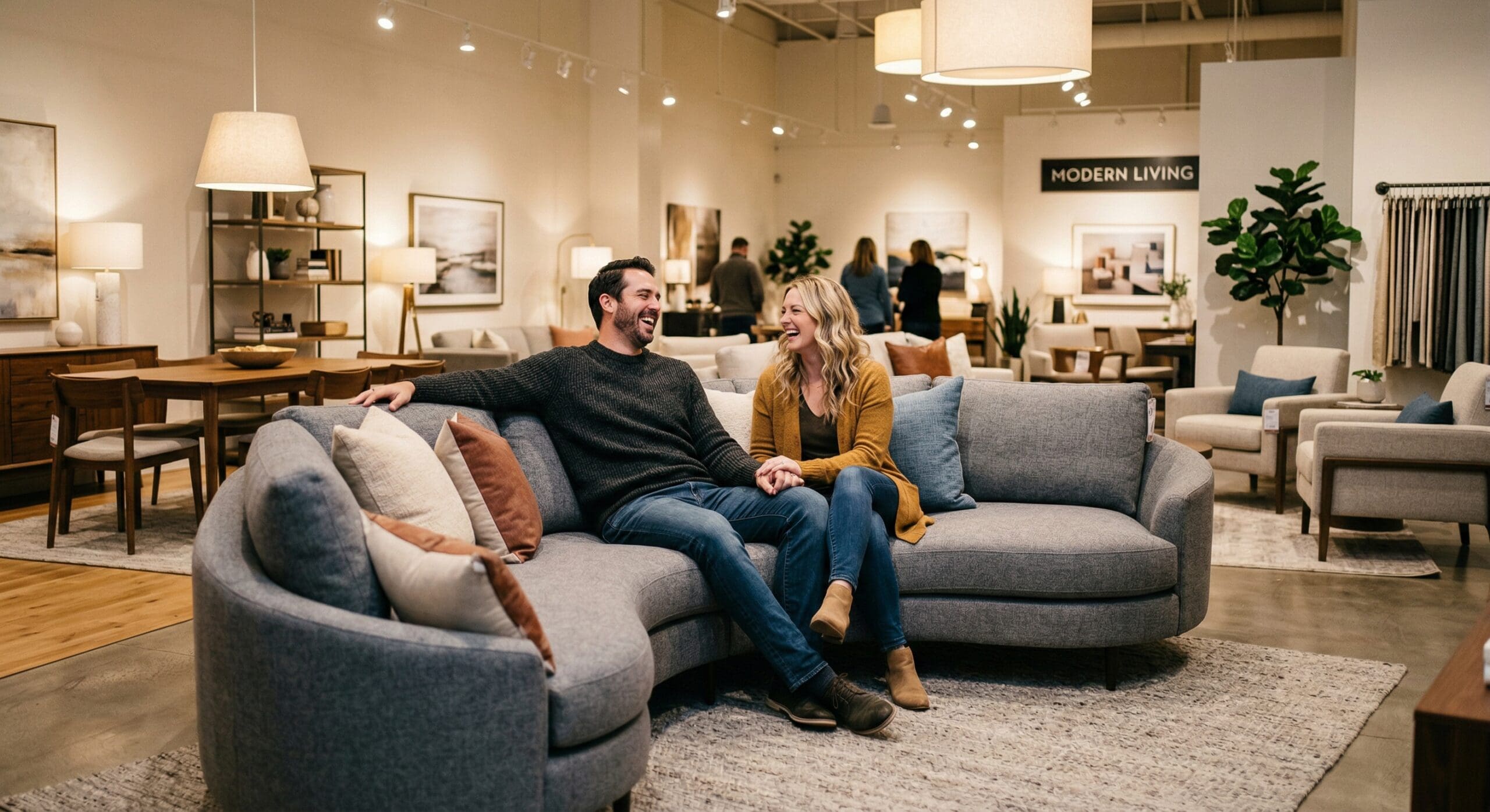 Stel ontspant lachend op grijze bank in meubelshowroom
