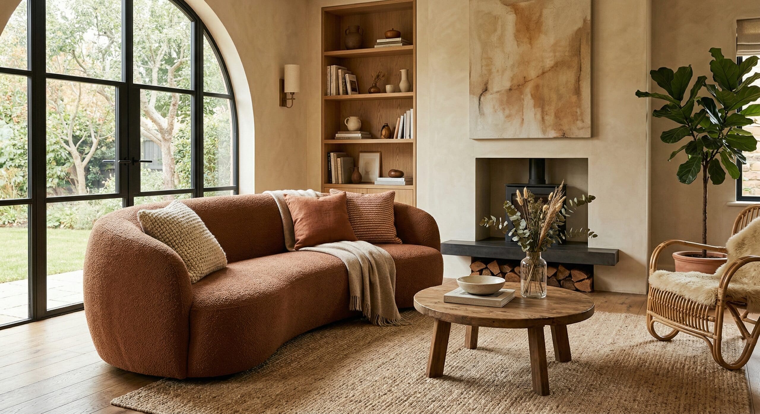 Terracotta ronde bank met kussens bij open haard