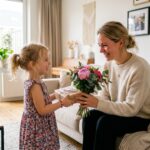 Jonge moeder krijgt een bos pioenen en een cadeau van haar dochter op moederdag
