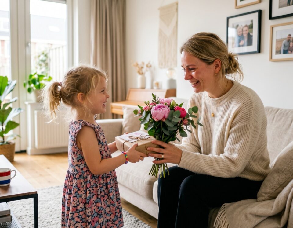Jonge moeder krijgt een bos pioenen en een cadeau van haar dochter op moederdag