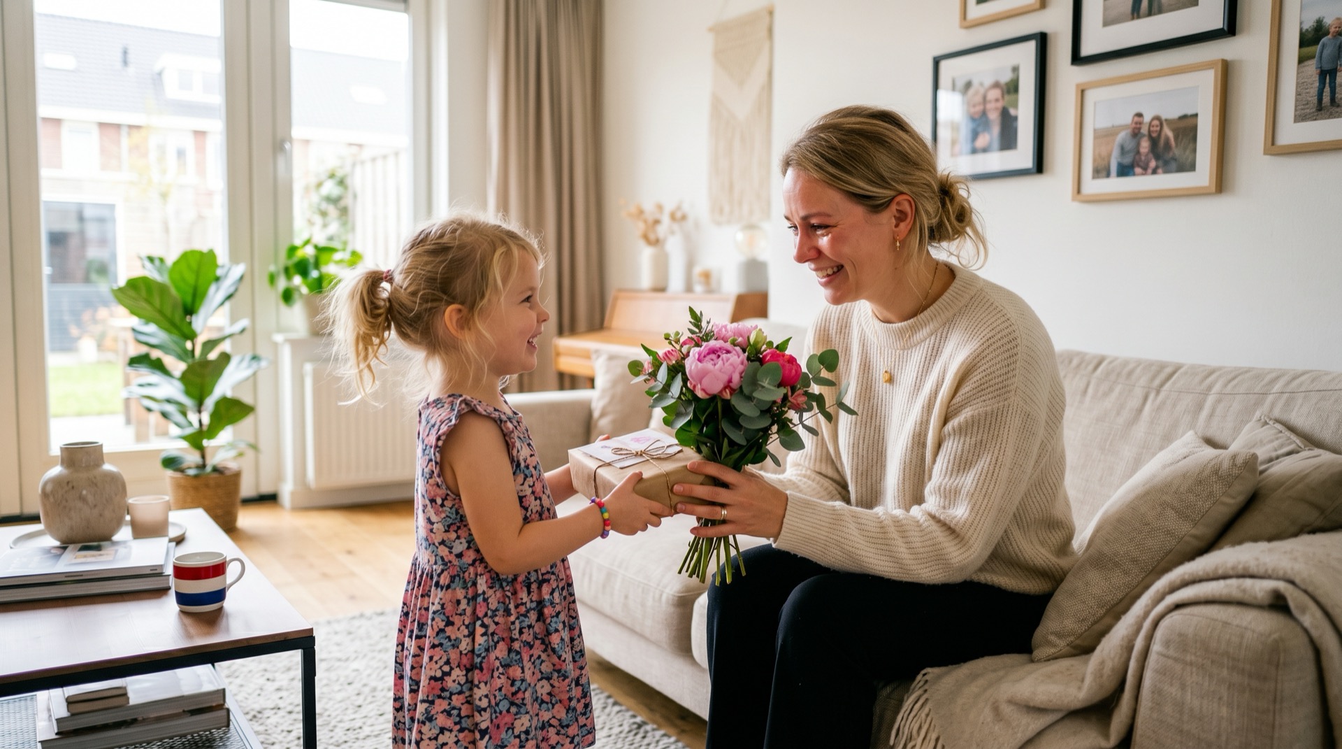 Jonge moeder krijgt een bos pioenen en een cadeau van haar dochter op moederdag