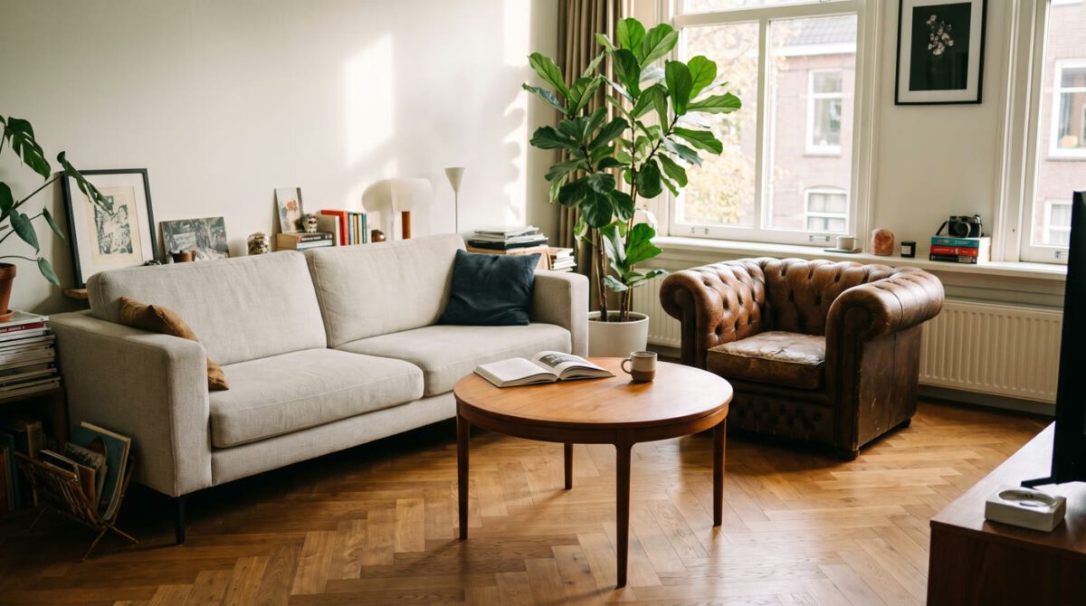 Moderne bank met ronde houten salontafel en leren fauteuil