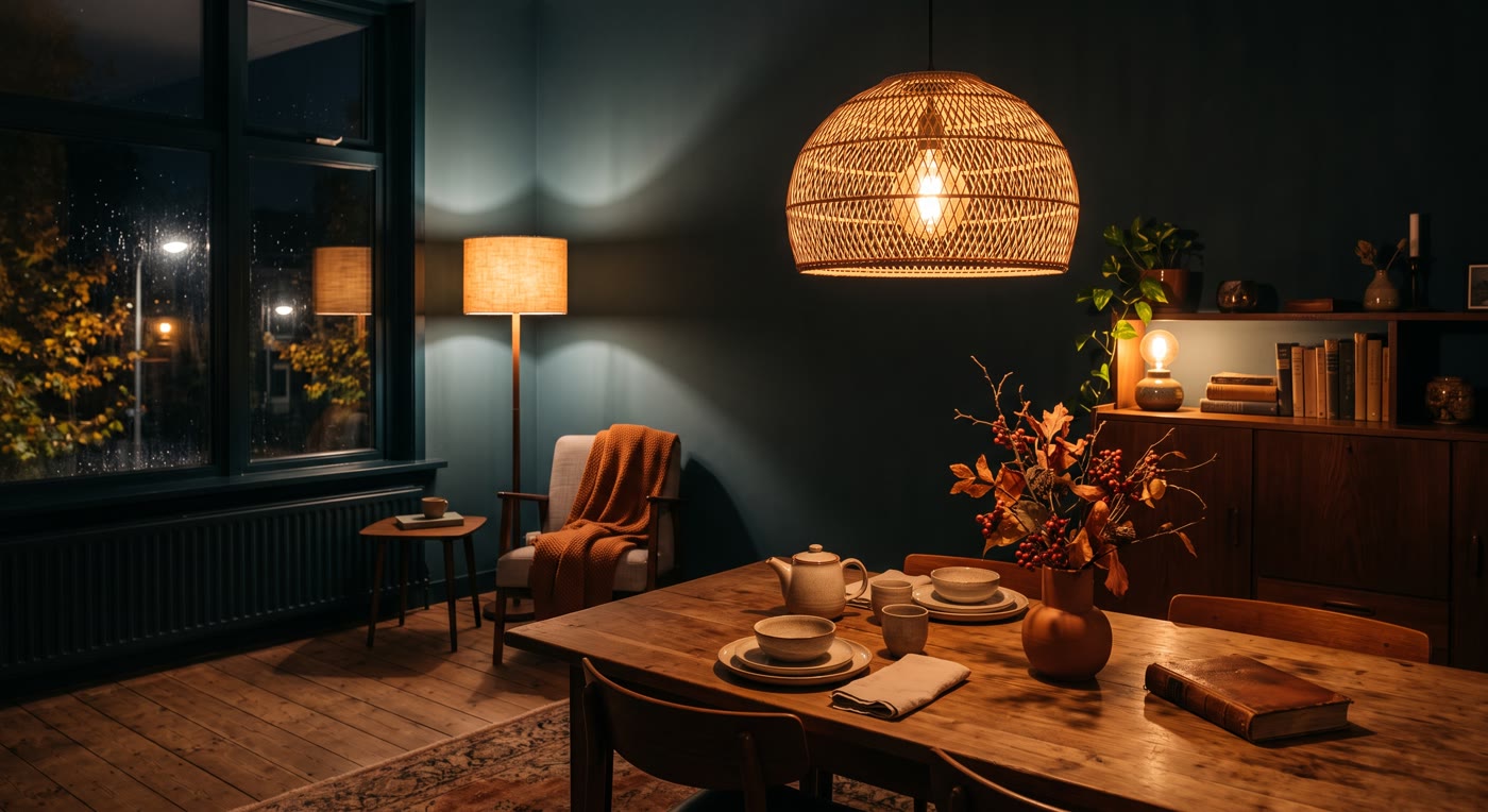 Gedekte eettafel met warme verlichting in de avond