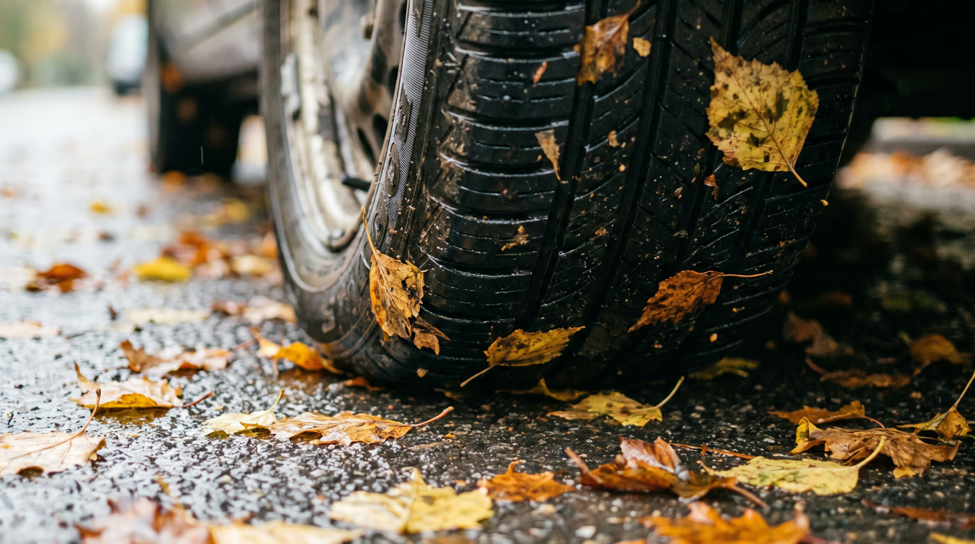Autoband met natte herfstbladeren op de weg