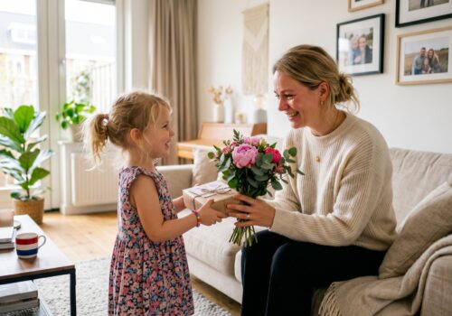 Jonge moeder krijgt een bos pioenen en een cadeau van haar dochter op moederdag
